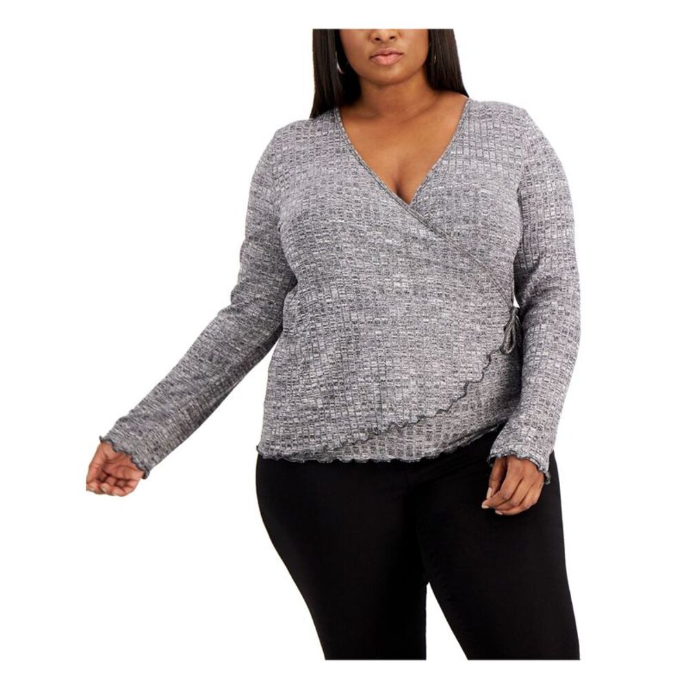 REBELLIOUS ONE Womens Gray Tie Long Sleeve Wrap Sweater Plus 2X